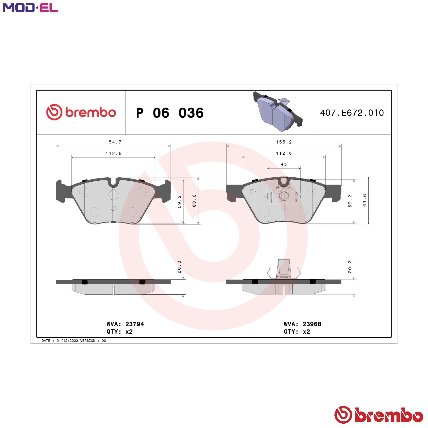 BRAKE PAD SET DISC BRAKE P 06 036 FOR BMW N46B20CB/B/C/BD 2.0L 4cyl 3 E90