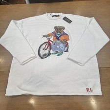 Polo Ralph Lauren Sweater Mens XL White Bear Bicycle Pullover Knit Cotton SPOT