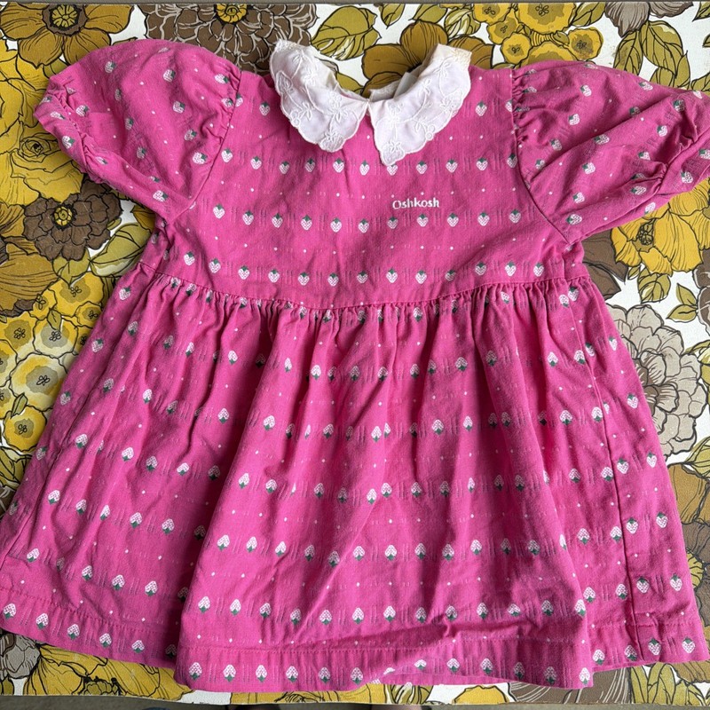 Vintage OshKosh Bgosh Strawberry Print Dress With Collar Size 3T Pink Cotton USA