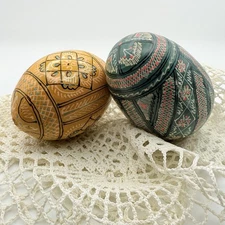 Vintage Pysanky Ukrainian Hand Decorated Easter Eggs Set of 2 Teal Blue Yellow