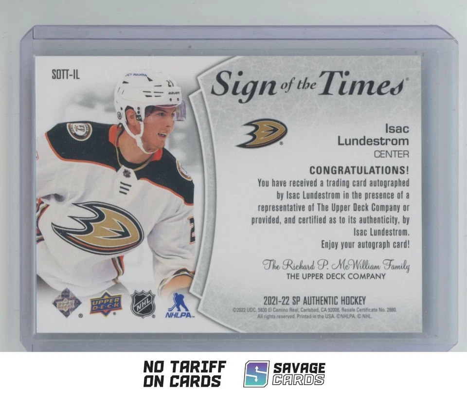 2021-22 SP Authentic Sign of the Times Auto Isac Lundestrom #SOTT-IL Anaheim - Image 2 of 3