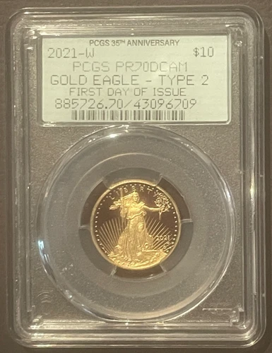 2021-W American Eagle $10 GOLD PCGS PR70 Ultra Cameo FDOI Coin 1/4 Oz : 10153
