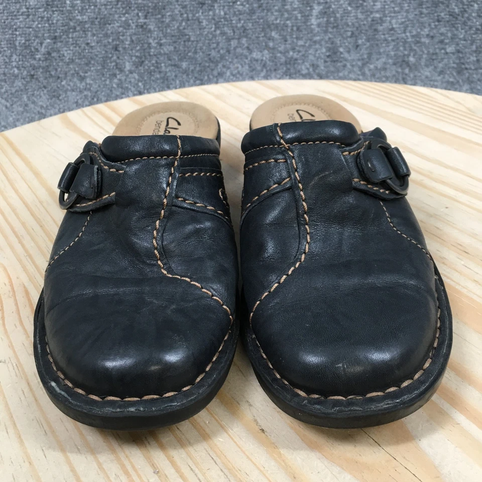 Clarks Womens 6M Black Bendables Leather Slip On Mules Clogs Comfort Shoes - Image 4 of 4
