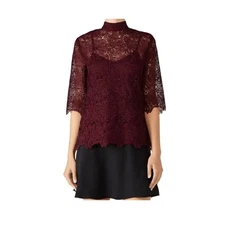 Trina Turk Lace Mock Neck Top Burgundy Blouse 3/4 Sleeve Medium Women's