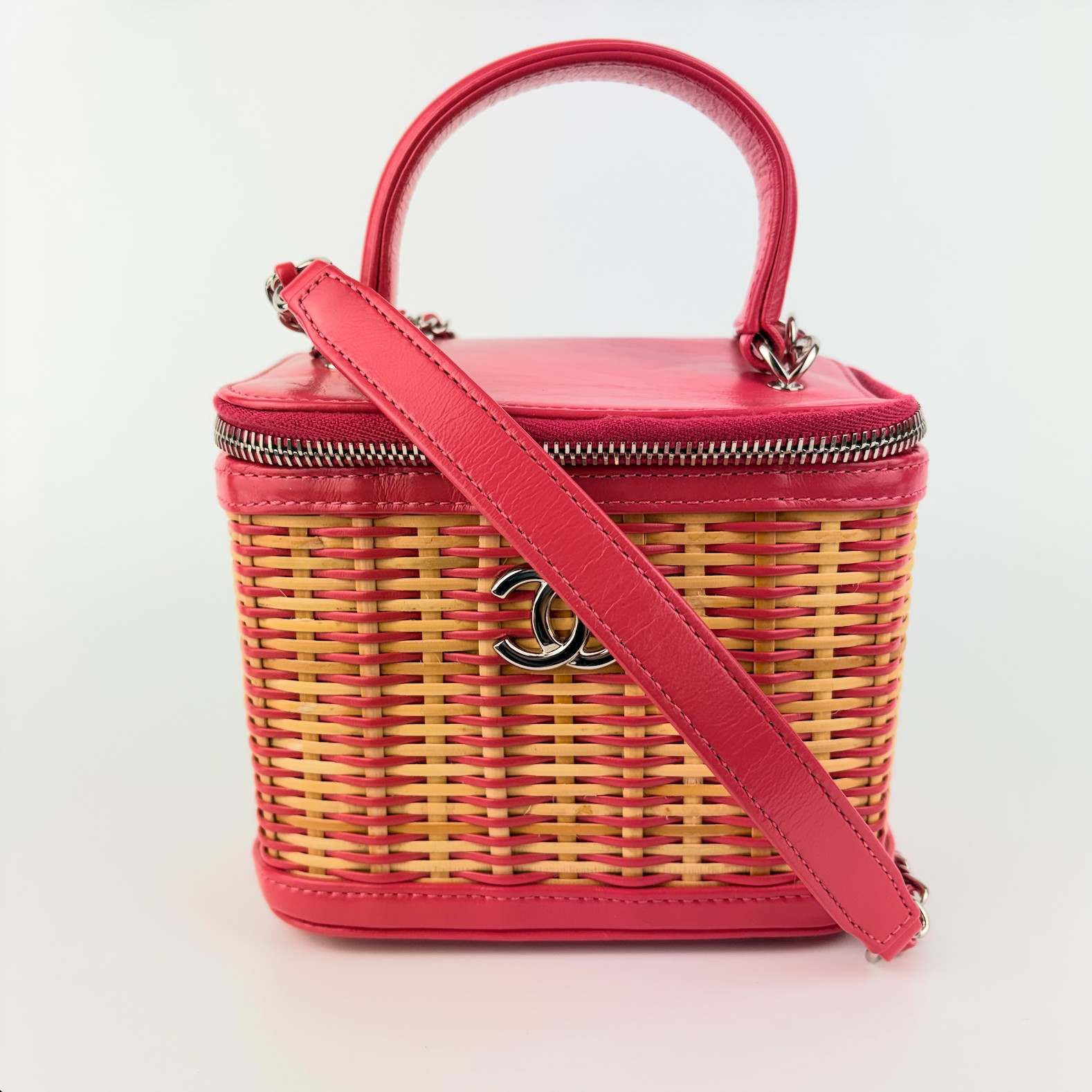 Chanel Raffia Take Away Glazed Calfskin Vanity Case Bag Pink Small Silver HW