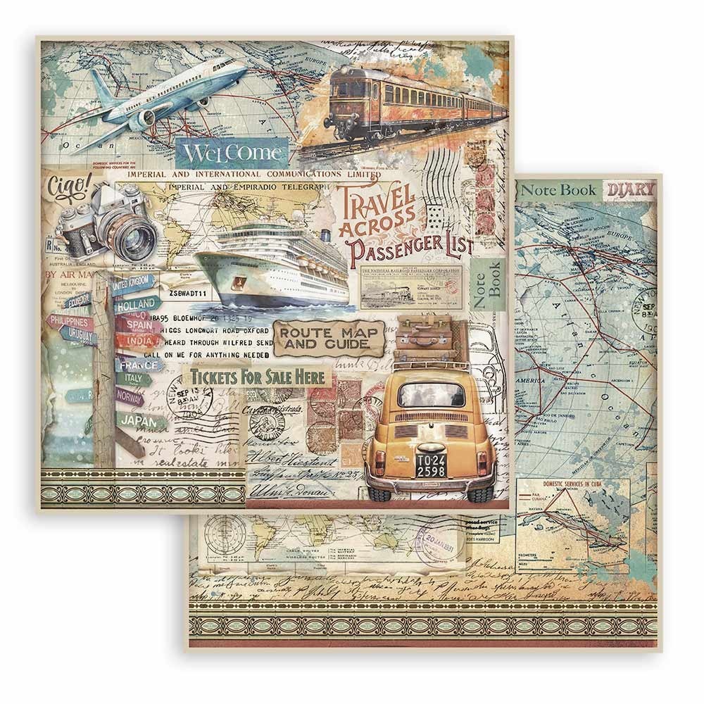 Stamperia ART OF TRAVELLING 8x8 Paper Pad 10 Sheets Scrapbook Vacation SBBS120