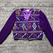 Vintage Guatemalan Short Jacket Large Purple Bird Geometric Embroidered Cotton