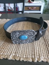 Vtg Vera Pelle Genuine Leather Belt Italian Turquoise Pewter Buckle Sz 30-32W