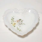 VTG Milk Glass Trinket Dish Periwinkle Heart Shaped Antique Scroll Edge 4" Wide