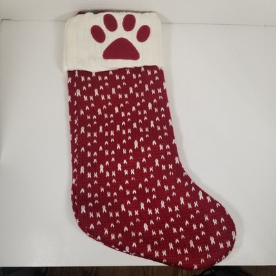 Red White Knit Dog Paw Print Christmas Stocking Decoration Tassels 