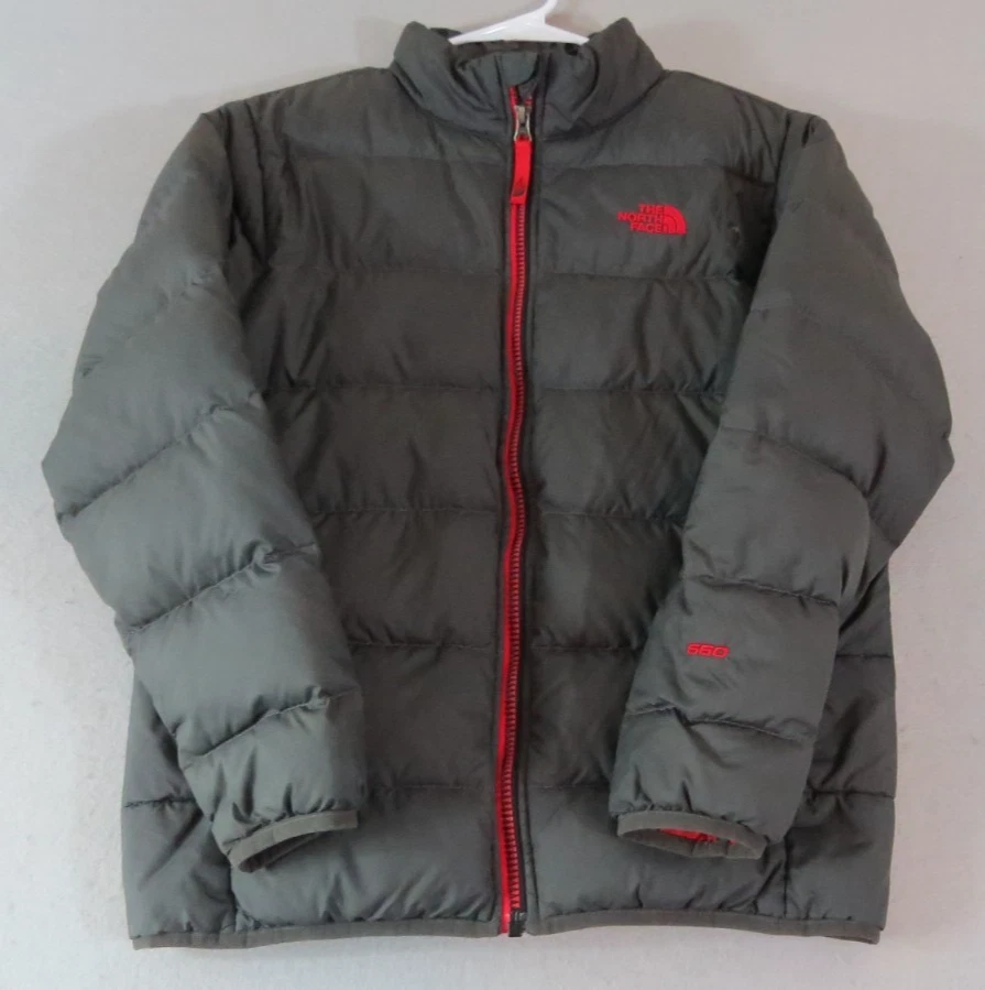 North Face Andes 550 Down Puffer Jacket Gray/Red Boys/Kids L 14/16