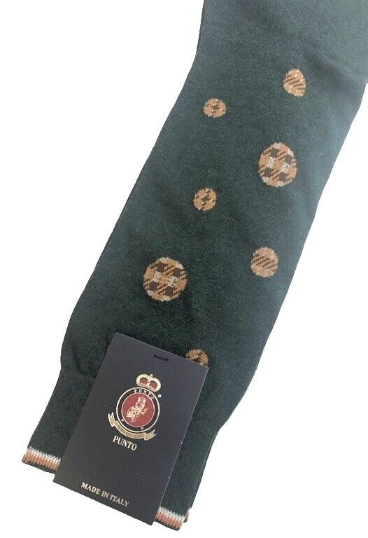 Punto Italian Mens Dress Socks Egyptian Cotton Green Patterned Polka Dots 10-13