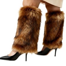 Women's Faux Fur Fluffy Leg Warmers Fuzzy Long Boot Costume Covers Furry Brown