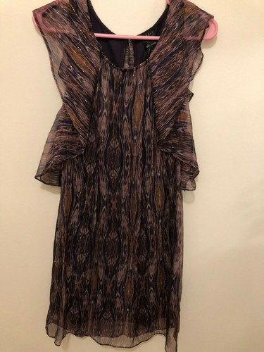 Ella Moss, Women's Flutter Sleeve Printed Silk Dress, Size S, Metallic/Purple - Picture 2 of 5