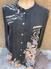 CITRON SANTA MONICA Black Floral Design Silk Long Sleeve Button Up Shirt