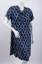 Vintage Womens Shift Geometric Dress M L Tie Neck Blue Polyester Secretary 