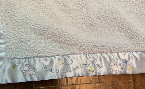 Just Born Blue Baby Reversible Blanket Puppy Dog Embroidered Satin Trim 30 x 40 - Picture 4 of 10