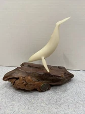 John Perry White Humpback Whale Sculpture Figurine On Burlwood Base Vintage