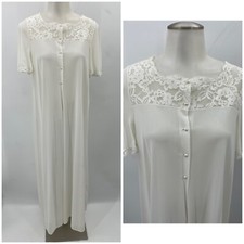 Vintage Olga Nylon Dressing Gown Long Robe Peignoir White Lace Sz M READ
