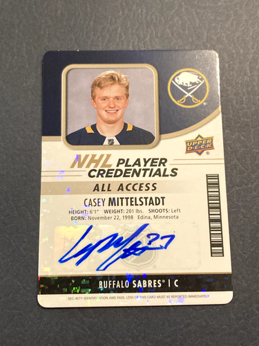 Casey Mittelstadt AUTOGRAPH 2018 UD MVP NHL Player Credentials ALL Access NHL-MI