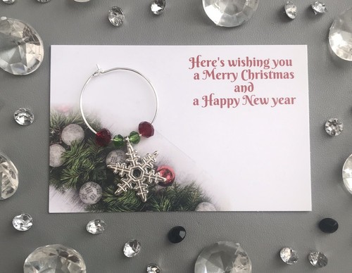 6x Handmade Gift & Place Card, Xmas Table Gift - Snowflake Crystal Wine charm - Picture 3 of 3