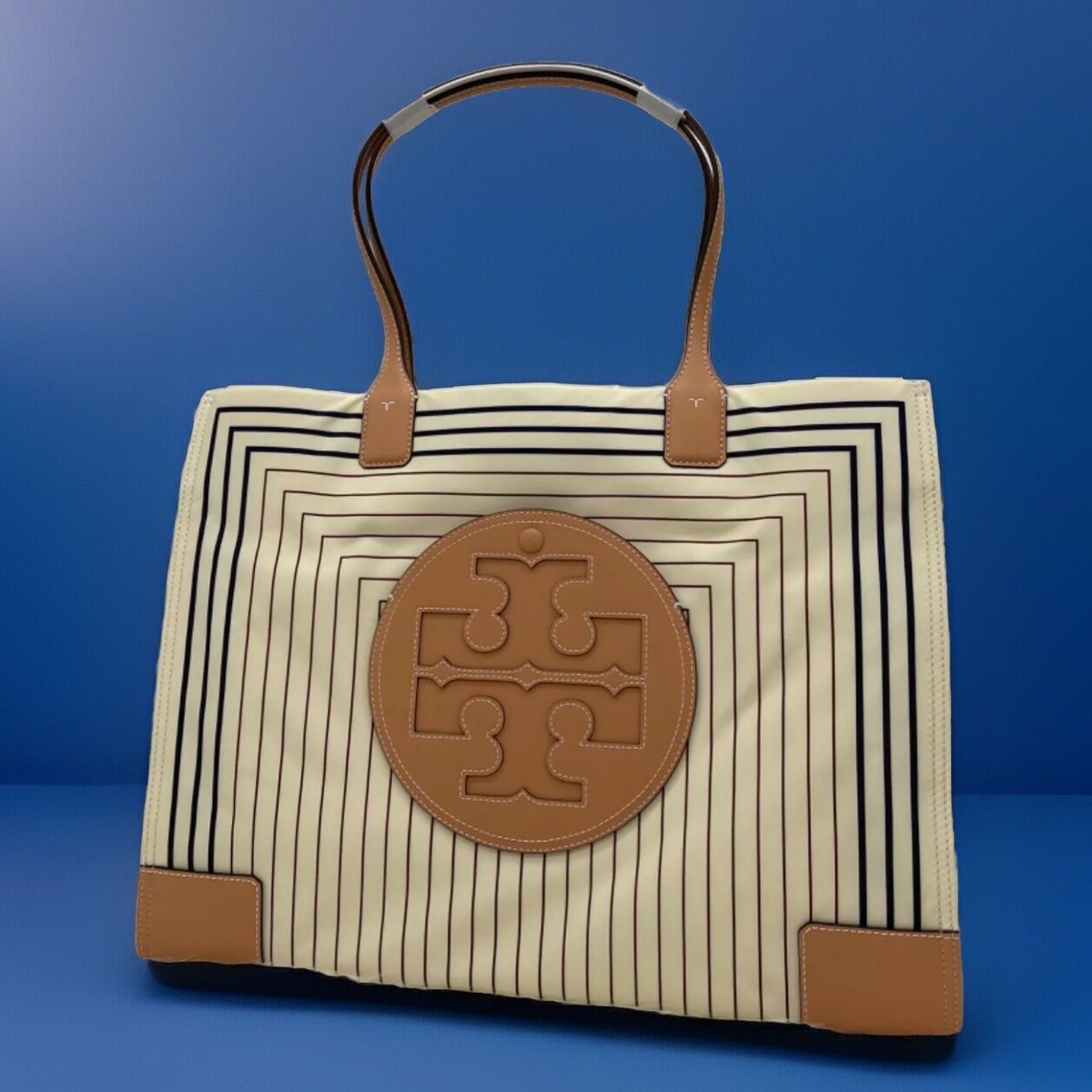 AUTH NWT Tory Burch Ella Logo Box Stripe Prints Large Nylon