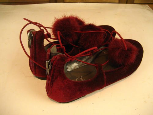 Womens SUGAR Suede Burgundy MaryJane Style Slippers w Powder Puff Shoelaces sz 4 - Picture 3 of 9