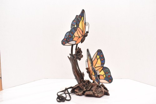 Tiffany Style Table Lamp Figural Double Butterfly Stained Glass Light 17" - Picture 3 of 17