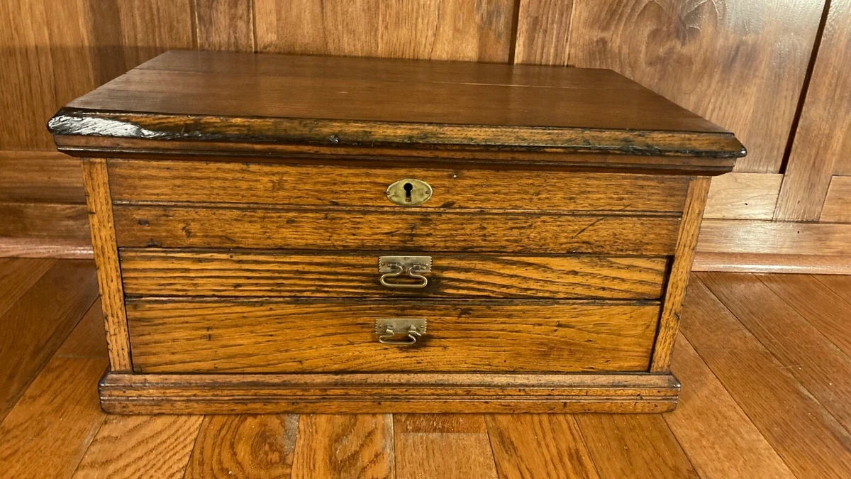 Antique 1890's Oak Machinist Chest Tool Box Cabinet