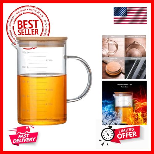 Glass Pitcher, 6.9"*4"Glass Pitcher with Lid, 34OZ/1000ML Glass Tea Pitcher f...