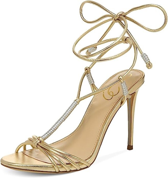Sam Edelman Safiya Gold Silver Open Toe T-Strap Ankle Lace Up