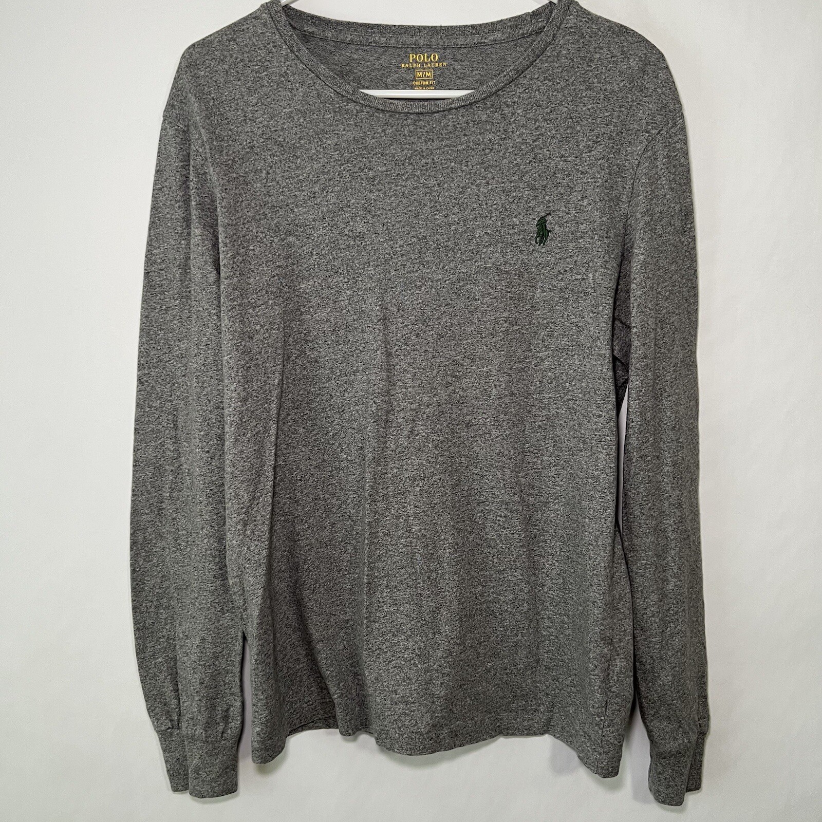Polo Ralph Lauren Custom Fit Maglietta Manica Lunga Uomo Taglia Media Grigio Verde Pony