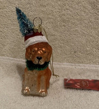 St Nicholas Square GOLDEN RETRIEVER PUP w/SANTA HAT Glass Ornament 4 1/2" - NWT