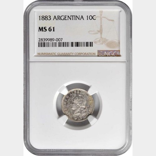 1883 Argentina 10 Centavos. NGC MS 61. KM-26 - Picture 3 of 4