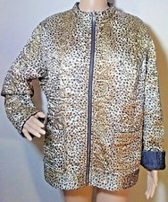 CHICO'S Zip Jacket 3 XL 16 Mandarin Quilted Animal Print Reversible Black Denim