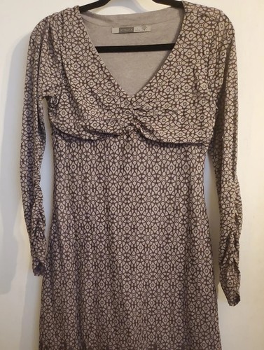 Athleta Ruched Bust Empire Waist Gray Plum Geometric Design Dress Size Small