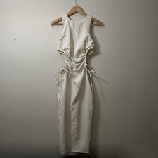 Zara Womens Cut Out Midi Dress Vanilla Ivory Ruched Bodycon Blogger Favorite, XS