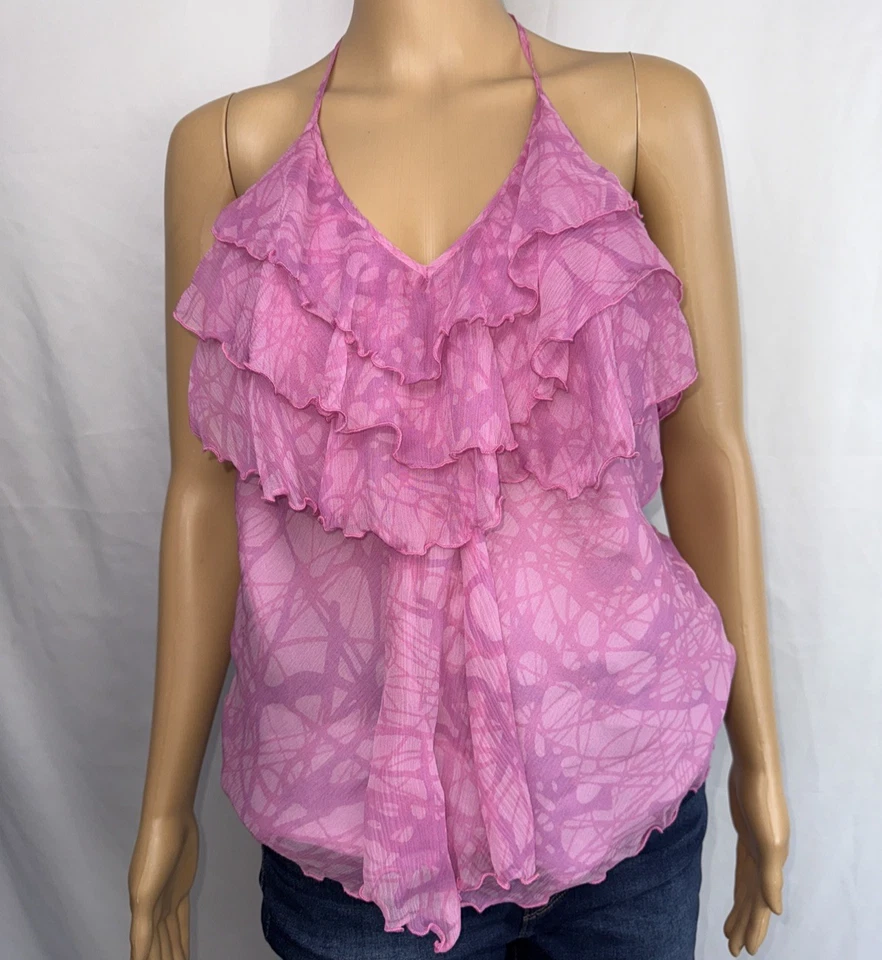 Blusa To The Max Halter con Volantes de Seda para Mujer 8 Rosa Transparente Coqueta Y2K Foto 4 de 4