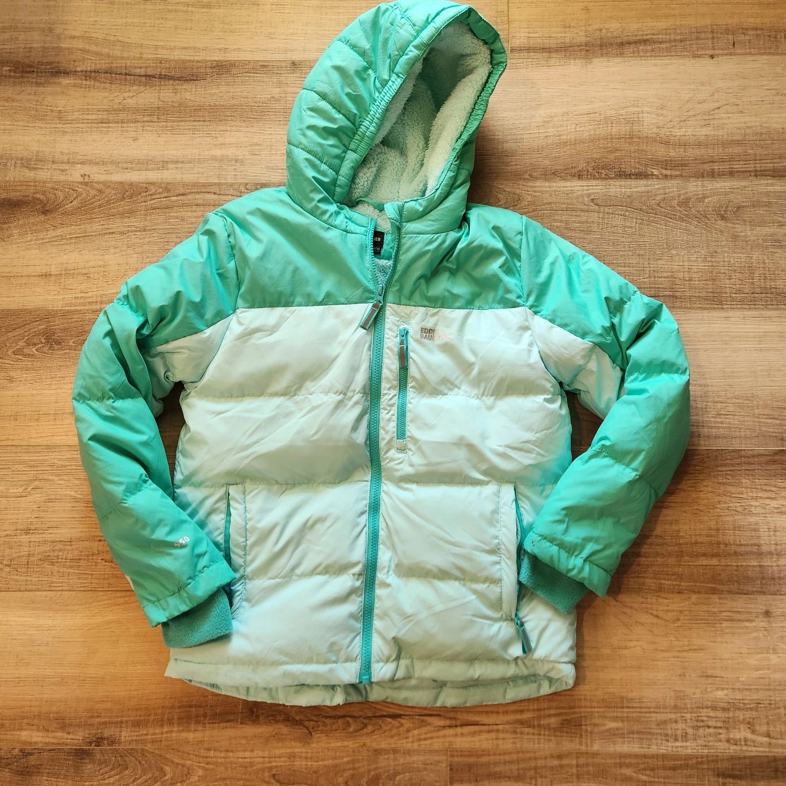 Eddie Bauer Girls Hooded Down Puffer Jacket Kids Large Teal Aqua Winter Coat