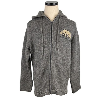Caldwell 60's Hand Fashioned Gray Wool Hooded Zip-Up Cardigan With Polar Bear