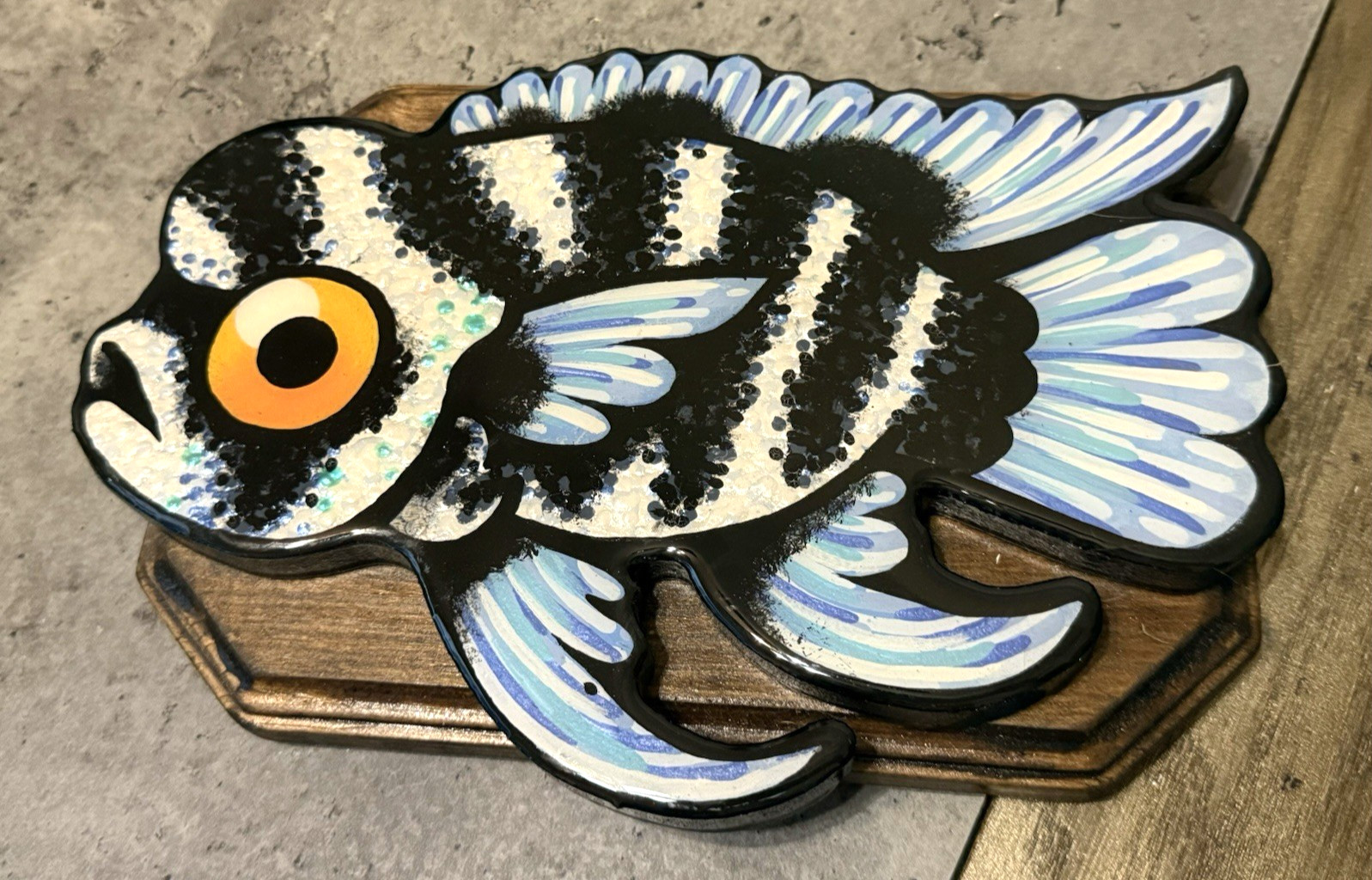 Whimsical Hand Painted Wooden Fish Plaque - Folk Art Cutout Wall Decor 10 x 7"