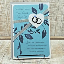 Dayspring Wedding Greeting Card Blue Floral Rings Ribbon Embossed Religious