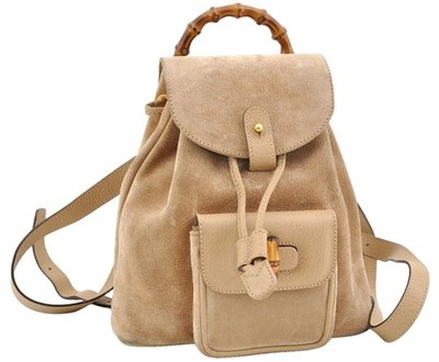 Authentic GUCCI Bamboo Backpack Suede Leather Beige 366AB