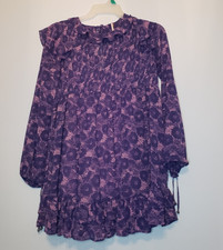 Free People Women Sz S Dress Long Sleeve Floral Pink Purple Short Ruffle Pleated