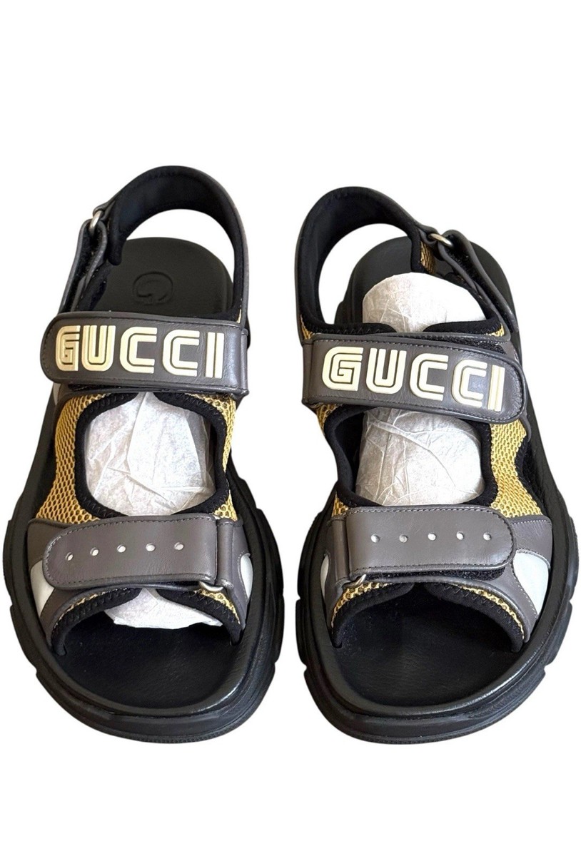 GUCCI SEGA Aguru Trek Sandals Leather Black Gray Mens 546064 G 6