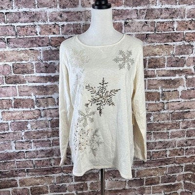 Coldwater Creek Women's 1X Snowfall Embellished Long Sleeve Cotton Tee