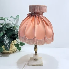 Vintage Small Boudoir Table Lamp, Marble Base, Rose Pink Tasseled Lamp Shade