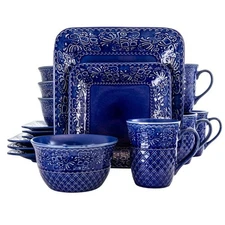 Elama El-Indigolotus Indigo Lotus 16 Piece Square Dinnerware Set