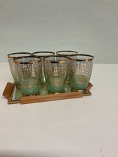 6x alte Cocktailgläser Saftglas Bowleglas Goldrand Grün Karo auf Tablett 70er