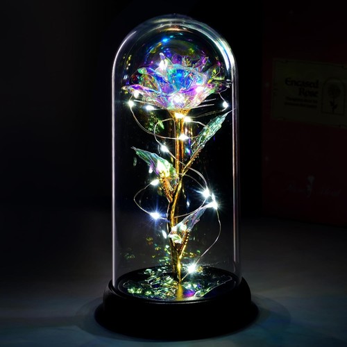 Katchon, Galaxy Glass Rose in Glass Dome - Light up Crystal Rose Forever Flower